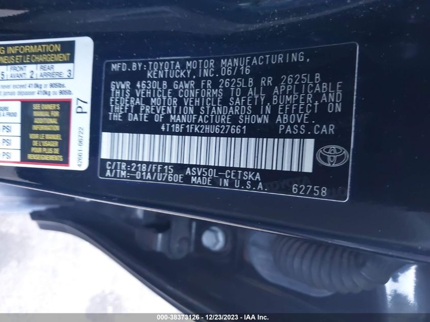 2017 TOYOTA CAMRY LE/XLE/SE/XSE - 4T1BF1FK2HU627661