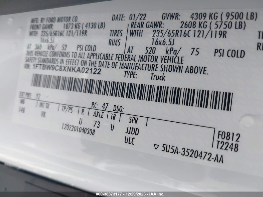 2022 FORD TRANSIT-350 - 1FTBW9C8XNKA02122
