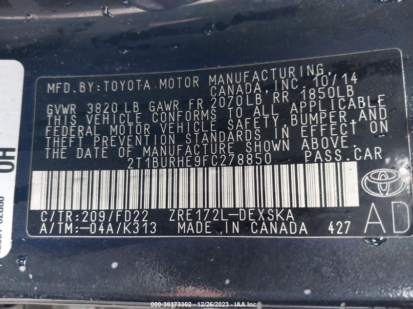 2015 TOYOTA COROLLA L/LE/LE PLS/PRM/S/S PLS - 2T1BURHE9FC278850