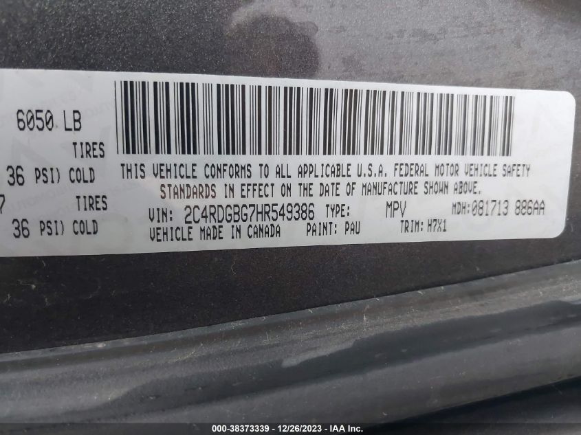 2017 DODGE GRAND CARAVAN SE - 2C4RDGBG7HR549386
