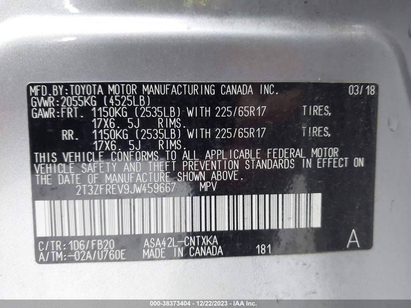 VIN 2T3ZFREV9JW459667 2018 TOYOTA RAV4 LE