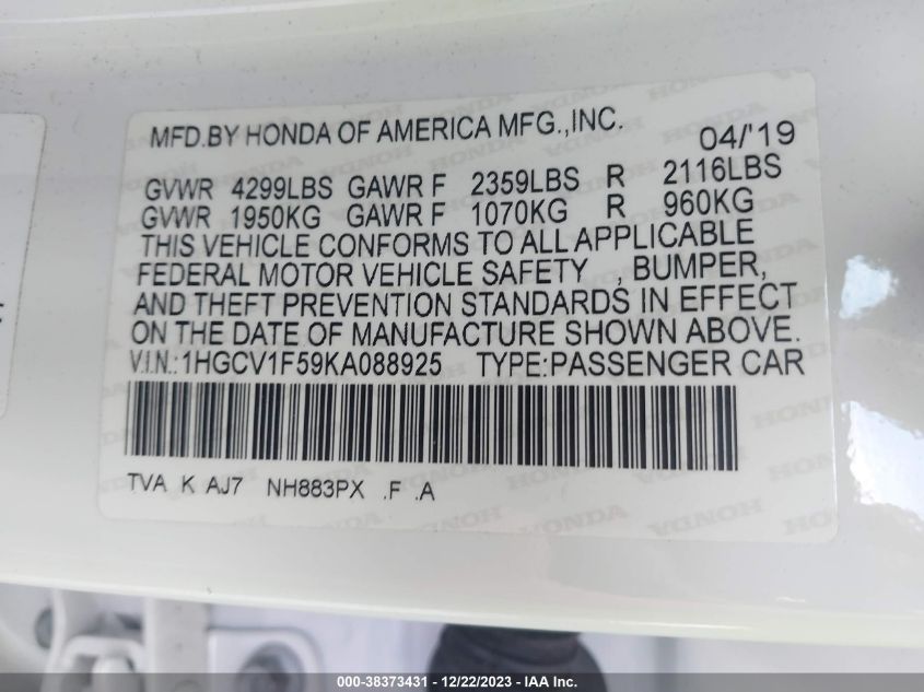 2019 HONDA ACCORD EXL - 1HGCV1F59KA088925