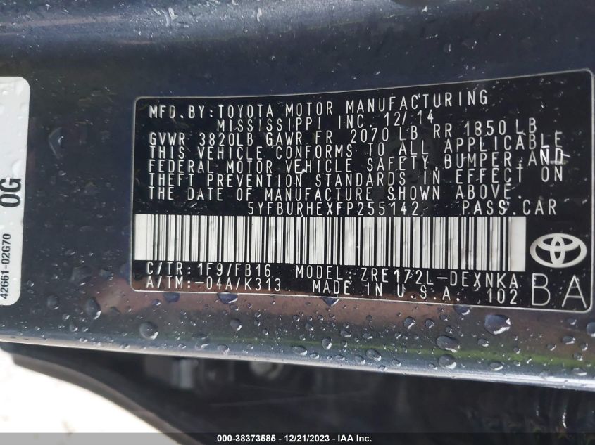 2015 TOYOTA COROLLA L/LE/LE PLS/PRM/S/S PLS - 5YFBURHEXFP255142