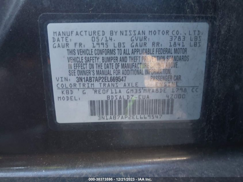 2014 NISSAN SENTRA S/SV/SR/SL - 3N1AB7AP2EL669547