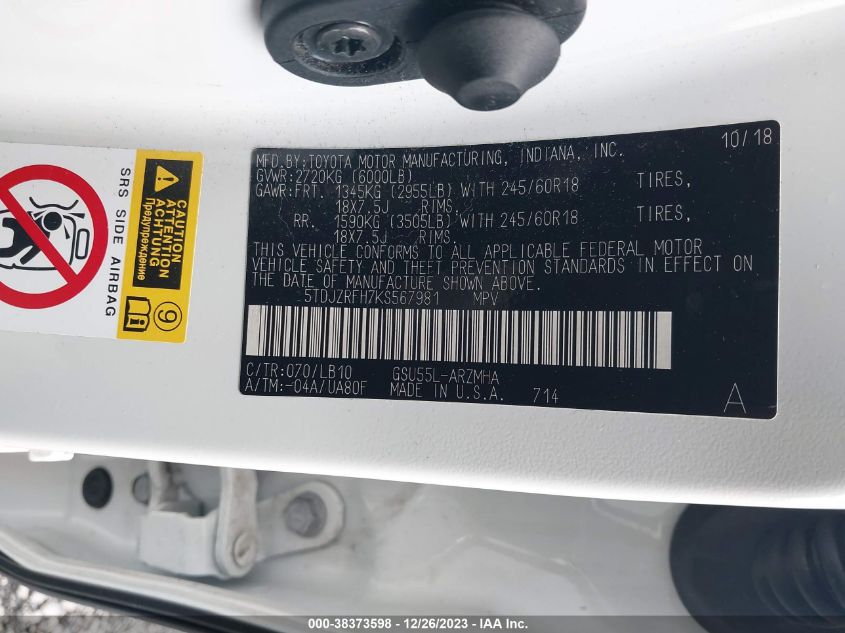 2019 TOYOTA HIGHLANDER XLE - 5TDJZRFH7KS567981