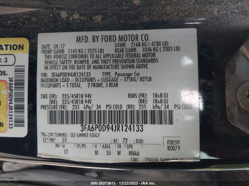 2018 FORD FUSION TITANIUM/PLATINUM - 3FA6P0D94JR124133