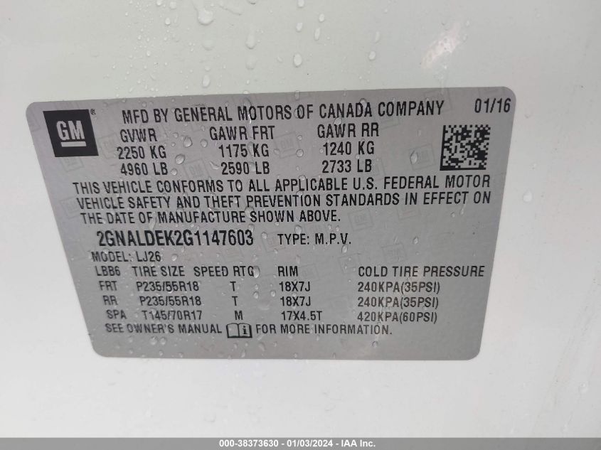 2016 CHEVROLET EQUINOX LTZ - 2GNALDEK2G1147603