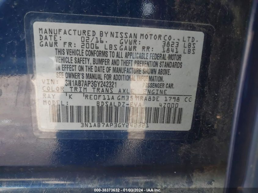 2016 NISSAN SENTRA S/SV/SR/SL - 3N1AB7AP3GY242321