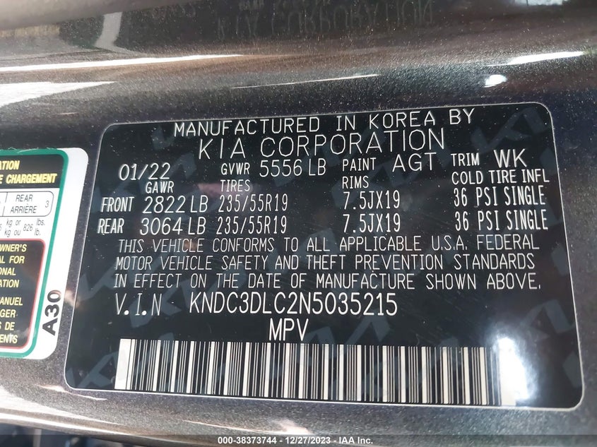 VIN KNDC3DLC2N5035215 2022 KIA EV6 LIGHT/WIND/GT LINE