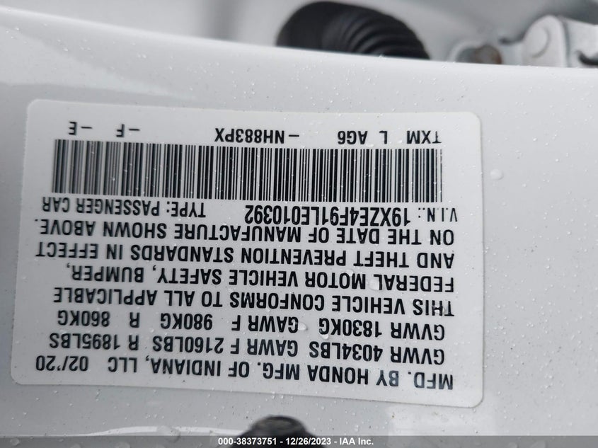 VIN 19XZE4F91LE010392 2020 HONDA INSIGHT TOURING