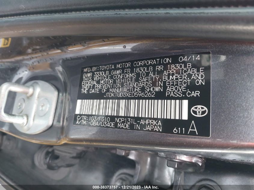 2014 TOYOTA YARIS L (TMC/CBU PLANT) - JTDKTUD3XED596262
