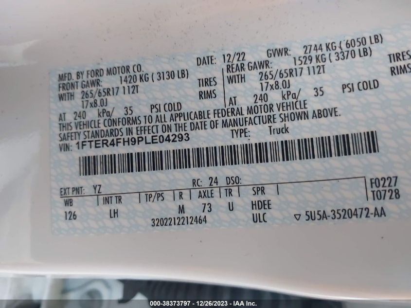 2023 FORD RANGER XL/XLT/LARIAT - 1FTER4FH9PLE04293