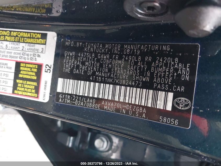 2019 TOYOTA CAMRY XLE - 4T1B11HK7KU824473
