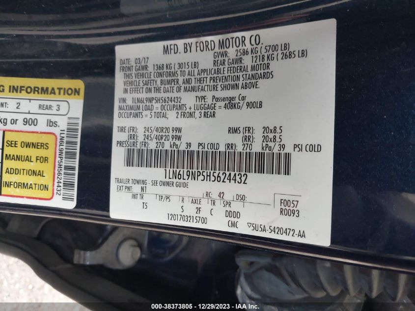 2017 LINCOLN CONTINENTAL RESERVE - 1LN6L9NP5H5624432