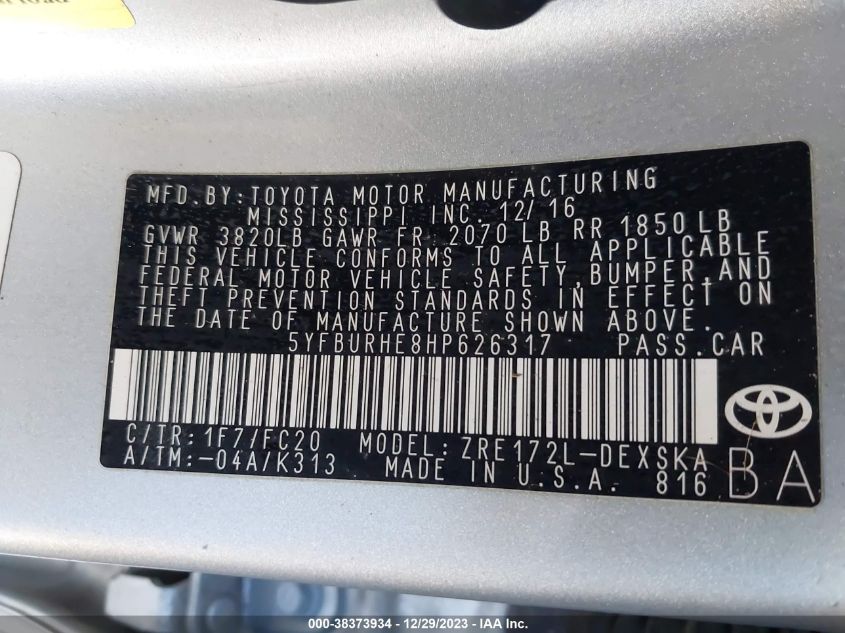 2017 TOYOTA COROLLA SE - 5YFBURHE8HP626317