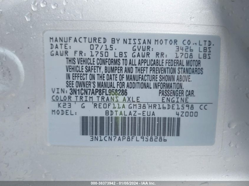 2015 NISSAN VERSA 1.6 S+ - 3N1CN7AP8FL958286