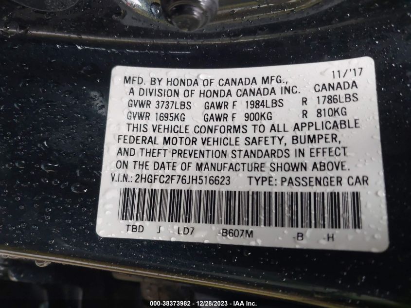 2018 HONDA CIVIC EX - 2HGFC2F76JH516623