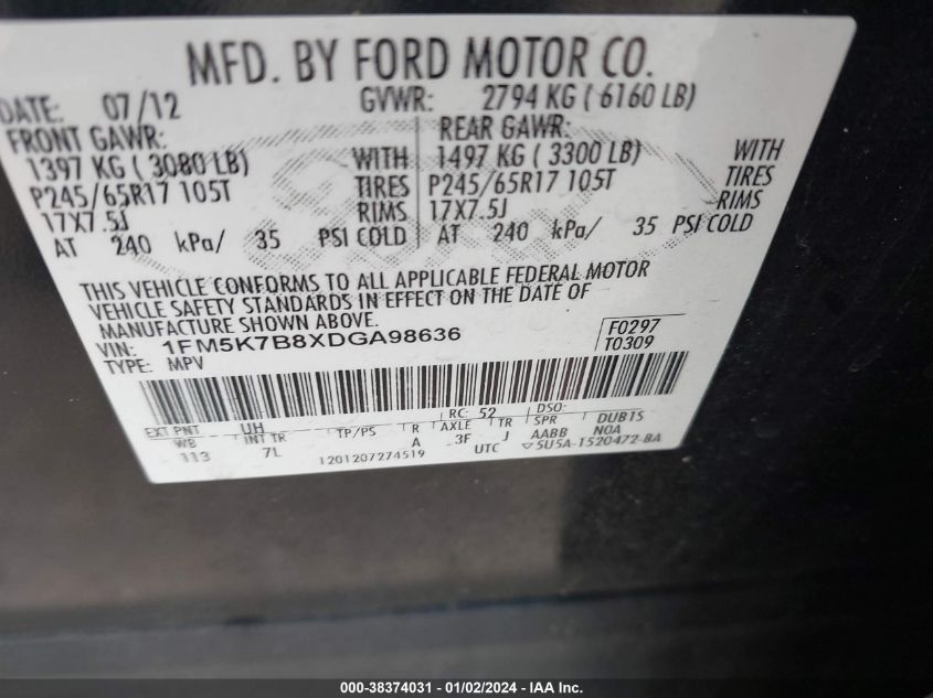 2013 FORD EXPLORER - 1FM5K7B8XDGA98636