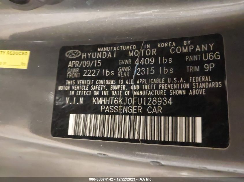 2015 HYUNDAI GENESIS 3.8 BASE - KMHHT6KJ0FU128934