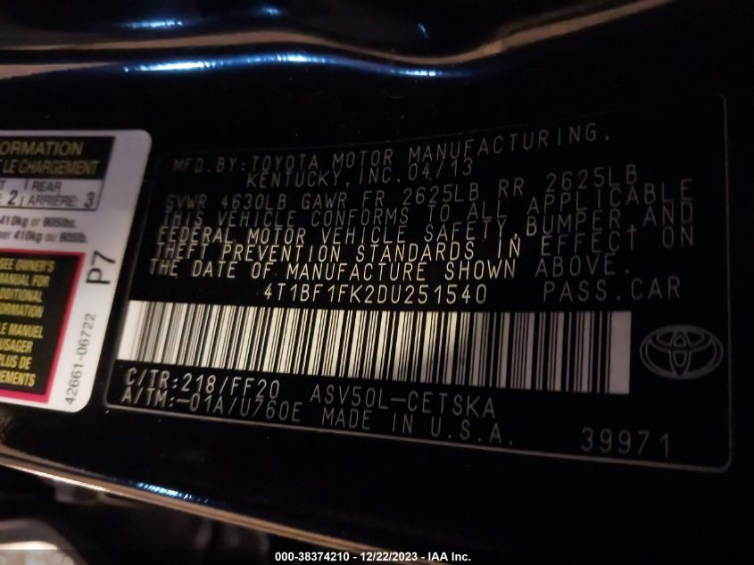 2013 TOYOTA CAMRY L/SE/LE/XLE - 4T1BF1FK2DU251540