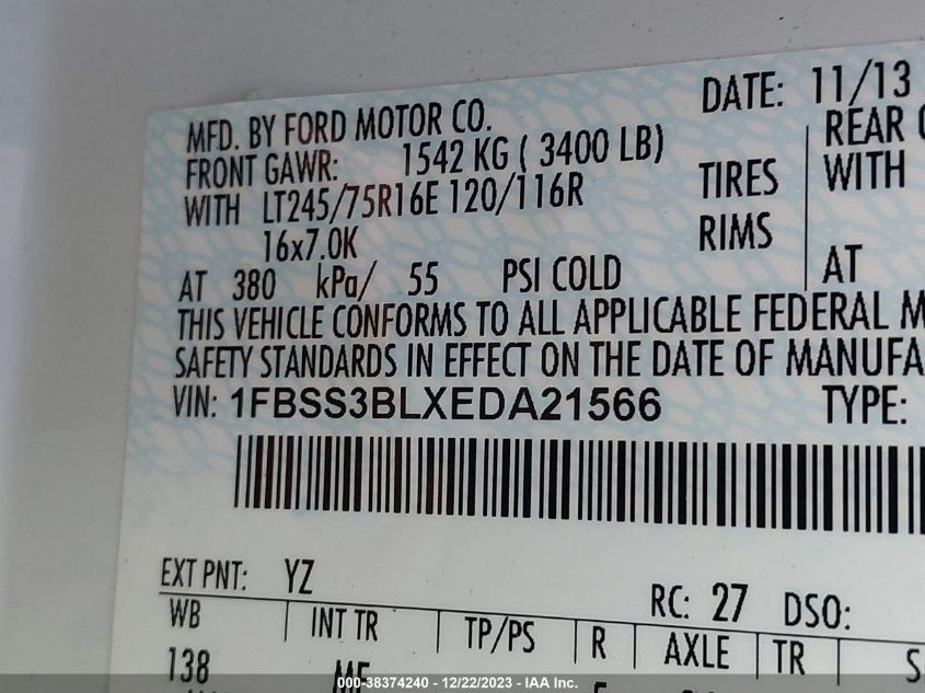 2014 FORD E-350 SUPER DUTY XLT - 1FBSS3BLXEDA21566