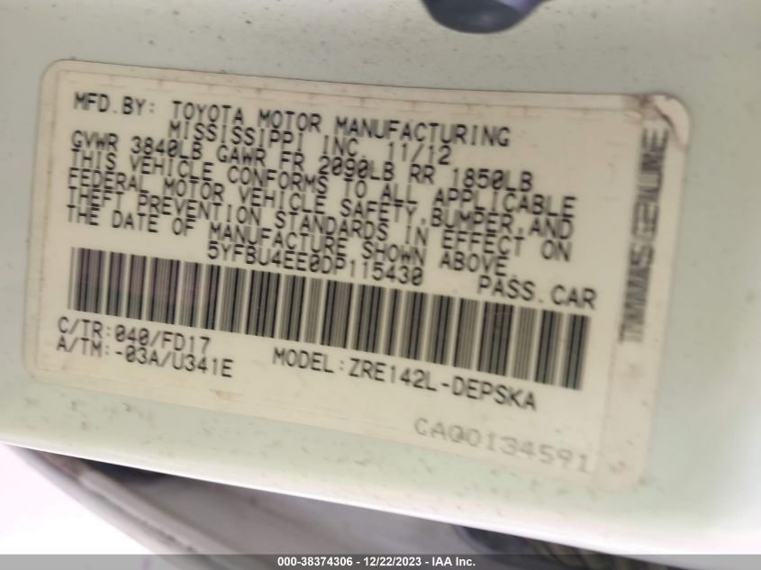 2013 TOYOTA COROLLA S - 5YFBU4EE0DP115430