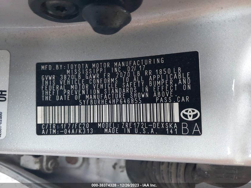 2017 TOYOTA COROLLA L/LE/XLE/SE/XSE - 5YFBURHE4HP646855