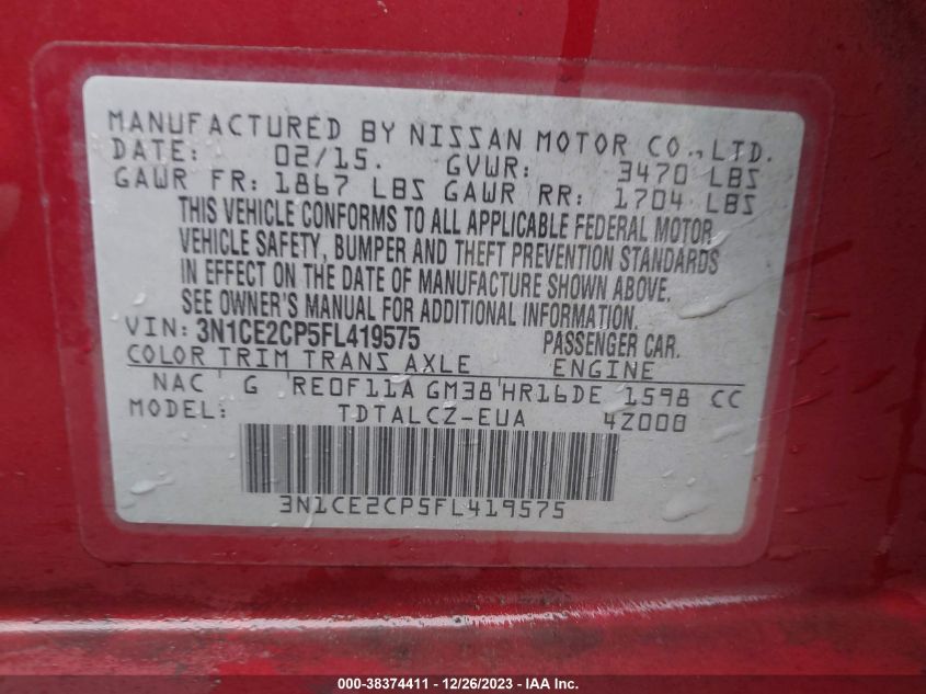 2015 NISSAN VERSA NOTE S PLUS - 3N1CE2CP5FL419575