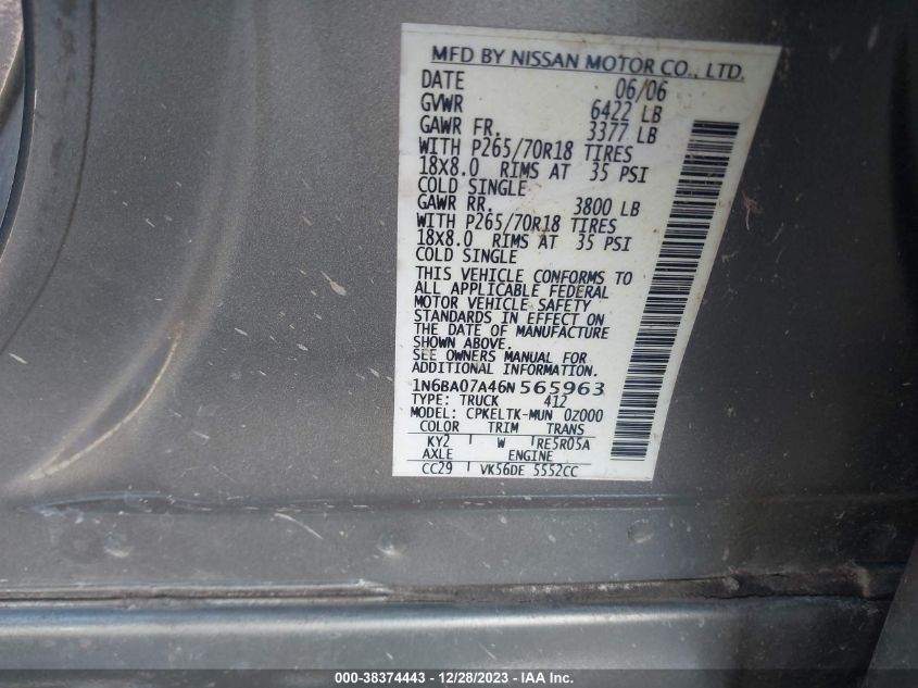 1N6BA07A46N565963 | 2006 NISSAN TITAN