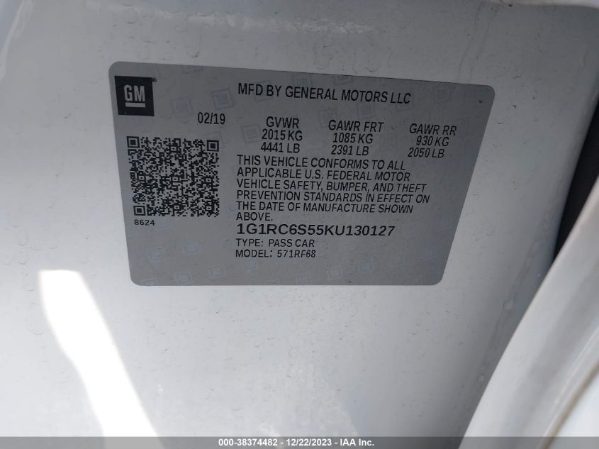 2019 CHEVROLET VOLT LT - 1G1RC6S55KU130127