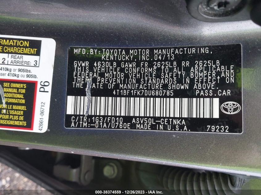 2013 TOYOTA CAMRY L/SE/LE/XLE - 4T1BF1FK7DU680785