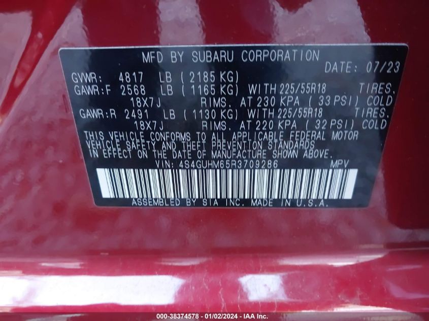 VIN 4S4GUHM65R3709286 2024 SUBARU CROSSTREK LIMITED