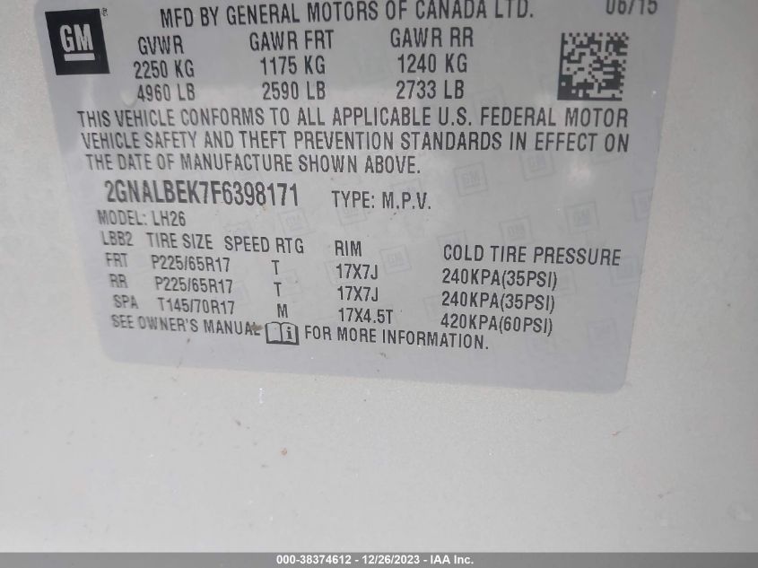 2015 CHEVROLET EQUINOX 1LT - 2GNALBEK7F6398171