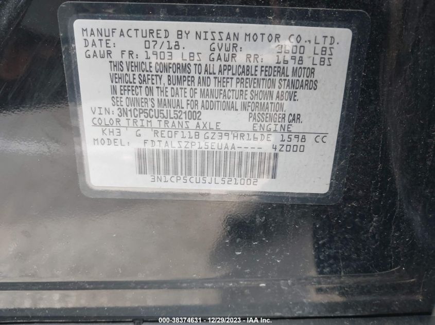 2018 NISSAN KICKS SV - 3N1CP5CU5JL521002