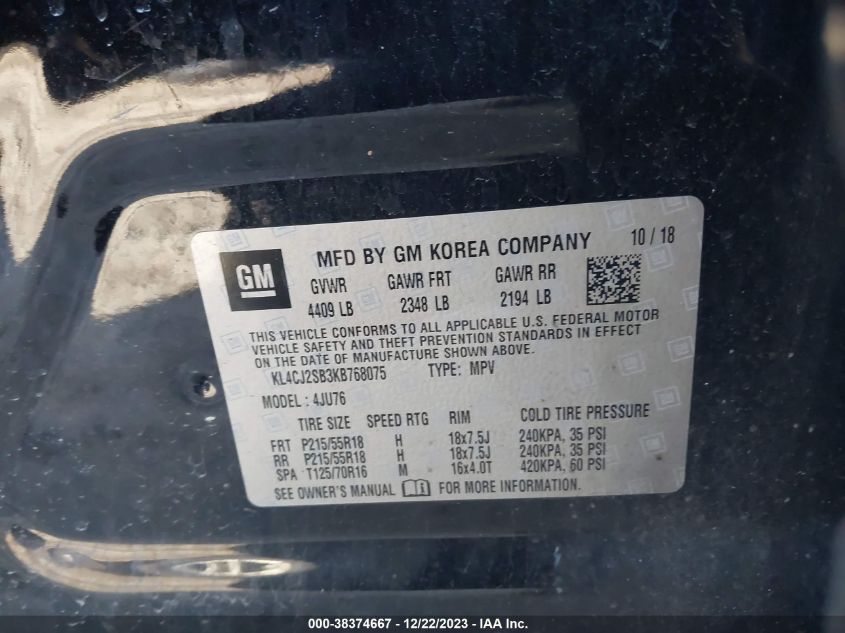 2019 BUICK ENCORE SPORT TOURING - KL4CJ2SB3KB768075