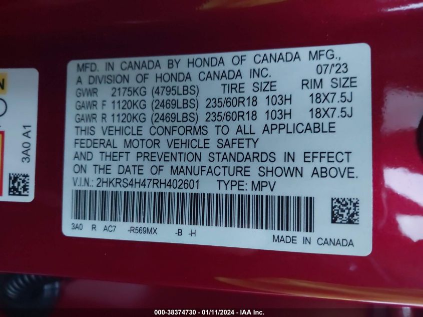2024 HONDA CR-V EX AWD - 2HKRS4H47RH402601