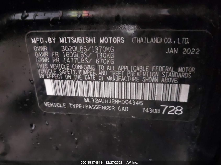 2022 MITSUBISHI MIRAGE ES - ML32AUHJ2NH004346