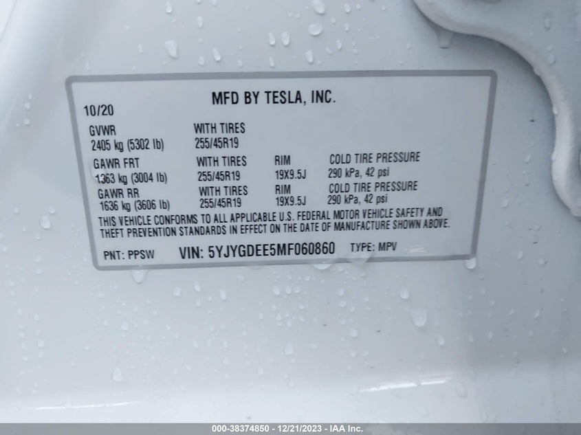 VIN 5YJYGDEE5MF060860 2021 TESLA MODEL Y LONG RANGE DUAL MOTOR ALL-WHEEL DRIVE