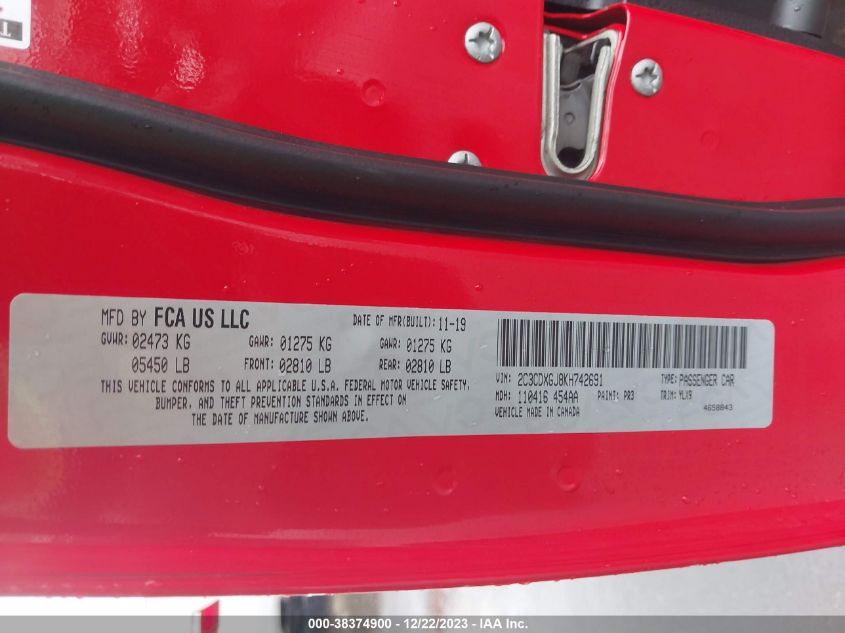 2019 DODGE CHARGER SCAT PACK RWD - 2C3CDXGJ8KH742691