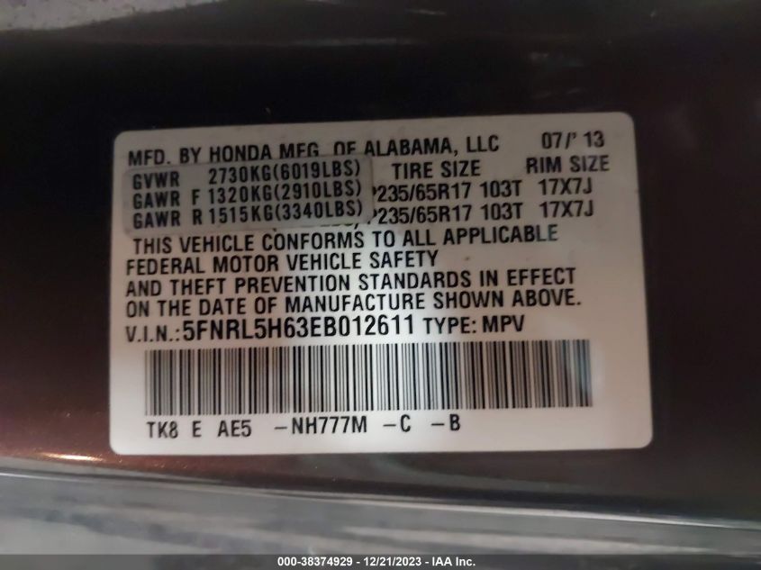 5FNRL5H63EB012611 2014 HONDA ODYSSEY, photo no. 9