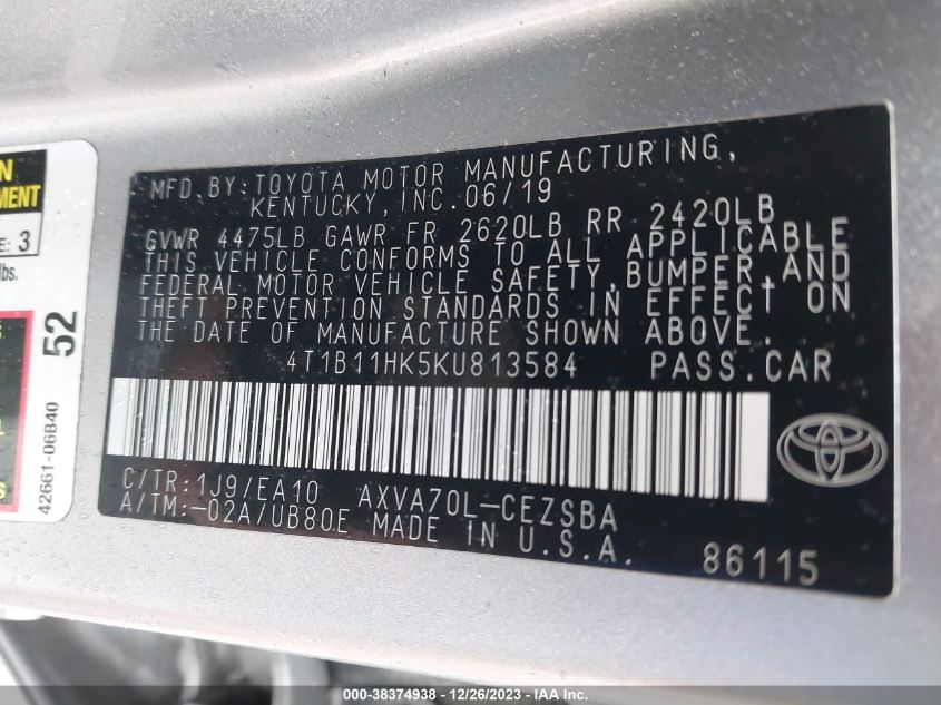 2019 TOYOTA CAMRY L/LE/XLE/SE/XSE - 4T1B11HK5KU813584