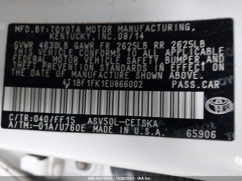 2014 TOYOTA CAMRY SE - 4T1BF1FK1EU866002