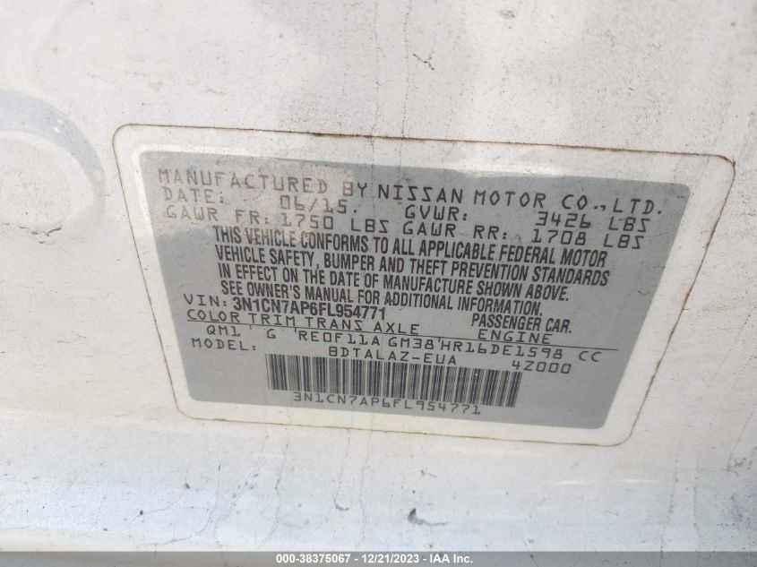 2015 NISSAN VERSA 1.6 S+ - 3N1CN7AP6FL954771