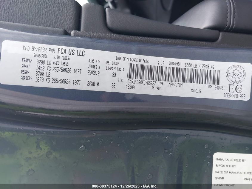 2019 JEEP GRAND CHEROKEE LIMITED - 1C4RJFBG0KC765227
