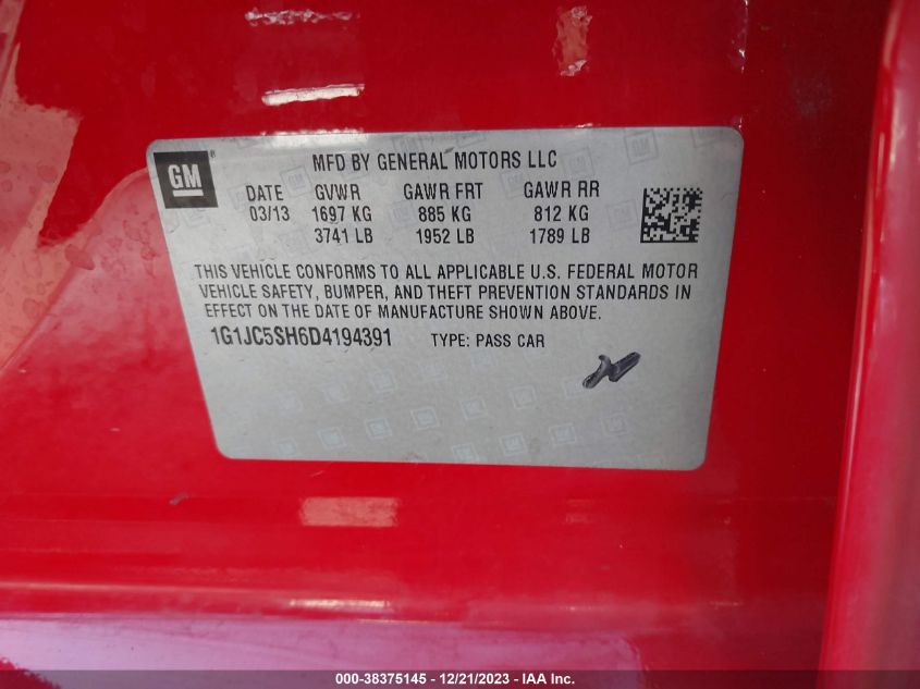 2013 CHEVROLET SONIC LT AUTO - 1G1JC5SH6D4194391