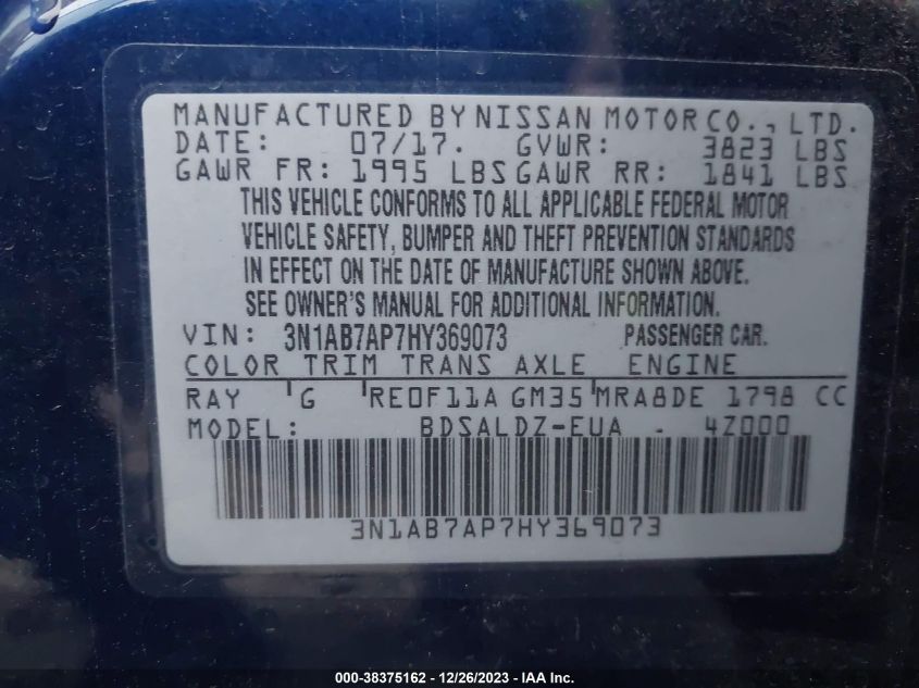 2017 NISSAN SENTRA SV - 3N1AB7AP7HY369073
