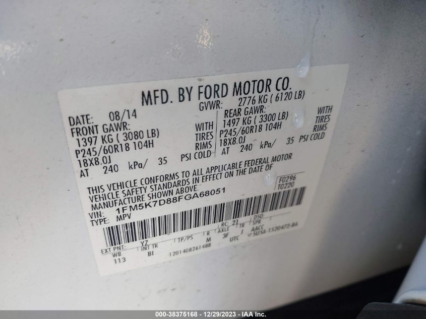2015 FORD EXPLORER XLT - 1FM5K7D88FGA68051