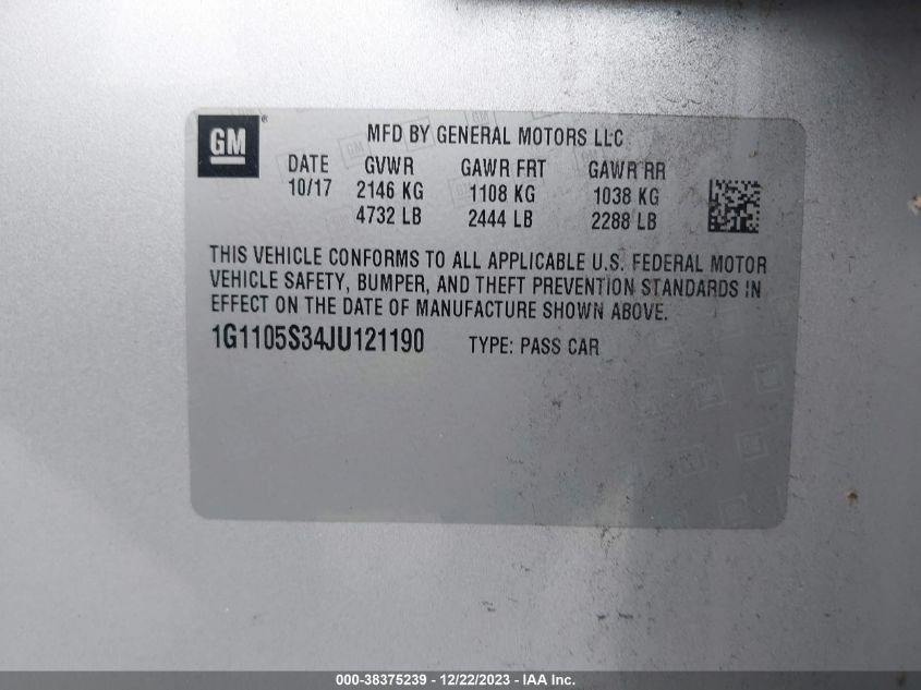 2018 CHEVROLET IMPALA LT - 1G1105S34JU121190