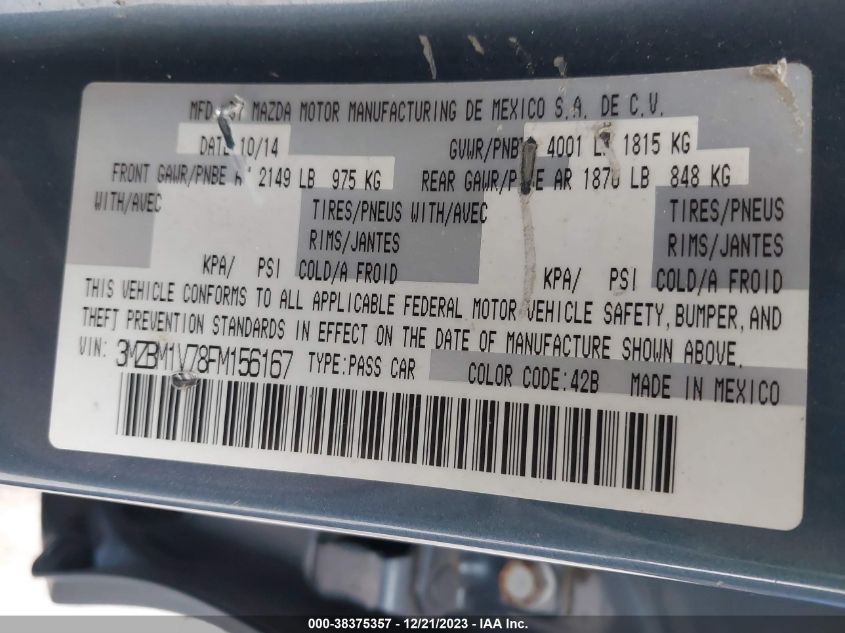 2015 MAZDA MAZDA3 I TOURING - 3MZBM1V78FM156167