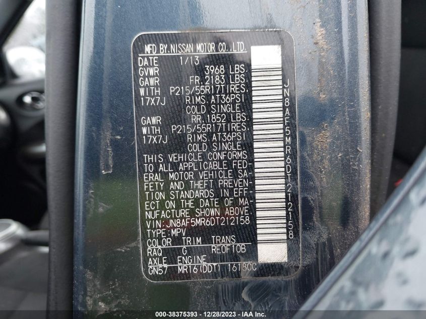 2013 NISSAN JUKE S/SV/SL - JN8AF5MR6DT212158